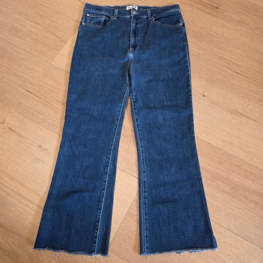 LE JEAN Stella Flare Jeans Womens 32‎ Dark Wash High Rise Raw Hem Made in USA